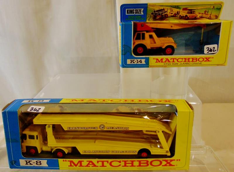 2 King Size Matchbox: 2 King Size Matchbox Lesney: Jumbo Crane #K-14 in original box made in England; along with Transporter #K-8 in oringinal unopened box. These are both in Mint, Unused, and Unopened Original box conditi