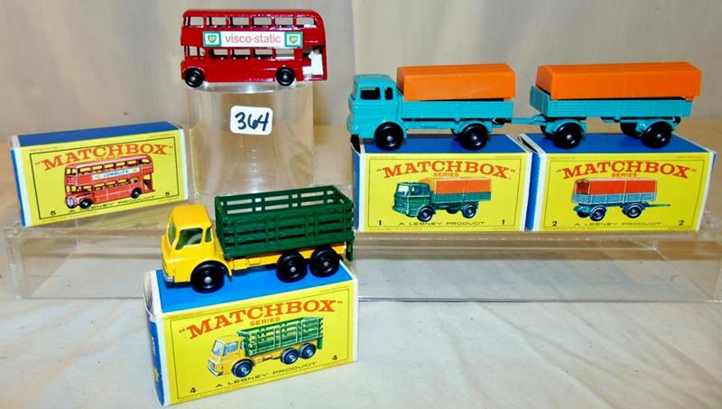 Group of Matchbox Lesney 1968 Mint: Group of 4 Matchboxes in Mint condition. These Lesney Products Made in England, in the original boxes and include: a #1 Mercedes Truck; #2 Mercedes Trailer; #4 State Truck; and #5 London bus.