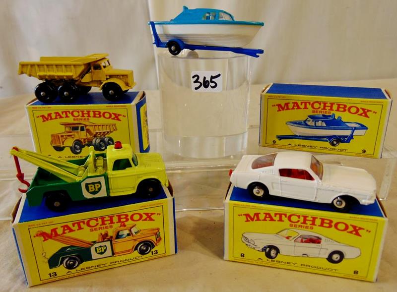 Group of Matchbox by Lesney 1968 Mint: Group of Matchbox by Lesney Products from 1968, Mint condition, in original boxes to include: #6 Euclid Quarry Truck; #8 Ford Mustang; #9 Cabin Cruiser and Trailer; and #13 Dodge Wreck Truck. Never pl