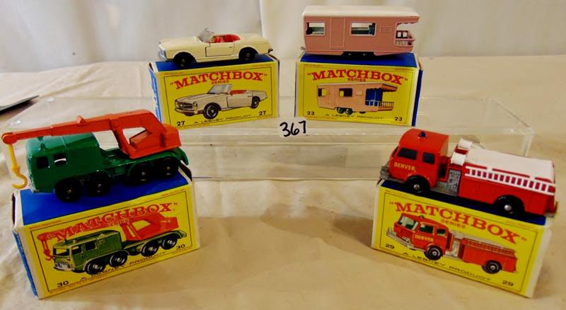 Group of Matchbox Lesney 1968 Mint: Group of Matchbox by Lesney Products, 1968, in Mint condition, in original boxes, to include: #23 Trailer Caravan; #27 Mercedes-Benz 230SL; #29 Fire Pumper Truck; and #30 8-Wheel Crane. All in unplaye