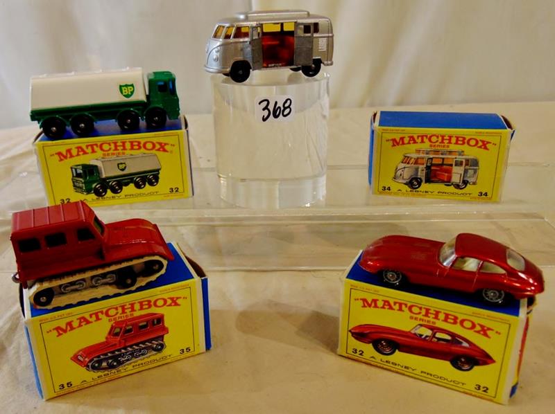 Group of Matchbox Lesney 1968: Group of Matchbox Cars by Lesney Products, Mint Condition, in their Original Boxes, to include: #32 1967 Edition "E" Type Jaguar; New Model #32 1968 Leyland BP Petrol Truck; #34 rare Silver 1968 Serie