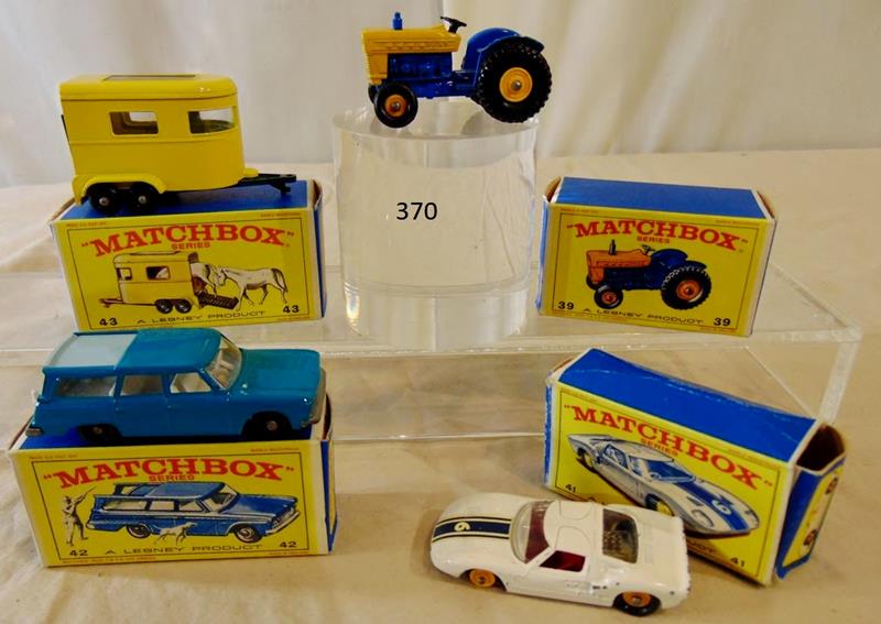 Group of Matchbox Lesney 1968: Group of Matchbox cars by Lesney Products, in their original boxes, Made in England, to include: RARE #39 Ford Tractor (Mint in the box); #41 Ford G.T. Racer in box (played with, scratches, missing ti