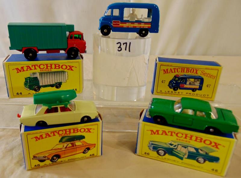 Group of Matchbox by Lesney 1968: Group of 3 Matchbox cars by Lesney Products, 1968, mint in their original boxes, Made in England, to include: RARE #47 Lyons Maid Ice-Cream Mobile Shop with misprinted box ends; #46 Mercedes 300 SE Co