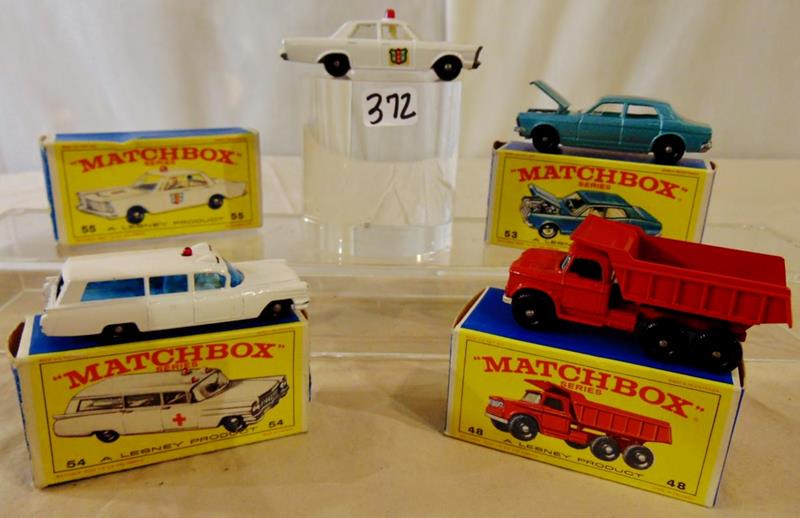 Group of Matchbox Lesney 1968: Group of 4 Matchbox cars by Lesney Products, 1968, Mint condition, in the original boxes, Made in England, to include: #48 Dodge Dumper Truck; #53 Ford Zodiac Mk IV; #54 Cadillac Ambulance; and #55 Po