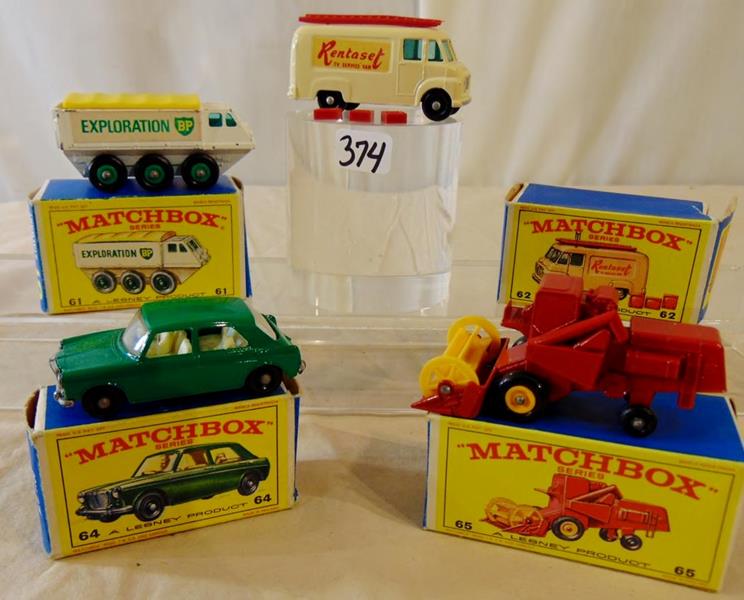 Group of Matchbox Lesney 1968: Group of 4 Matchbox Cars by Lesney Products, in their original boxes, Made in England, to include: #61 Alvis Stalwart Truck; #62 RARE TV Service Van with 3 tv's and micro ladder (box torn and missing 
