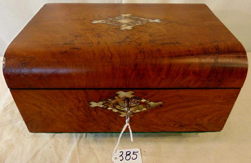 Locking Inlaid Flame Mahagony Box: Inlaid Abilone Key Lock Flame Mahogany Box. This beautifully inlaid box is lined in Red Paper, has a Green Felt Bottom and the lock is in working condition with original key. It measures 4.5"Tx11"Wx8"