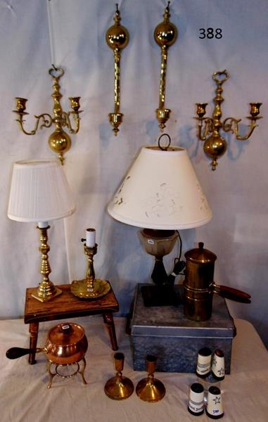Lamps, Brass, Sconces, and more!: Group of Brass Lamps and Sconces to include: Electrified Cast Iron, Glass, and Brass Lamp with a Floral Pierced Shade; 2 Brass Candlestick Lamps; 2 Brass Two-armed Candle Wall Sconces; a pair of Brass
