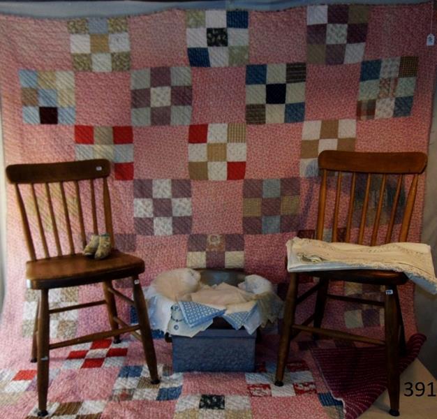 Antique Quilt, Pine Chairs, Vintage Baby Button Shoes: Group to include Early Antique Quilt ; four patches need replacing with what appears to be a home spun back, 2 Early Pine Plank Seat Chairs, an Unusual Pewter Kayser Bowl with Fish Motif, a pair of Vi