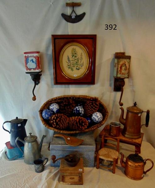 Primitives and Country: Group of Primitives and Country to include 6 Carpet Balls, table top Coffee Grinder (damage to front edge), large Copper Coffee Pot with floral spout, small Copper Tea Kettle, wall mount Branson-Walto