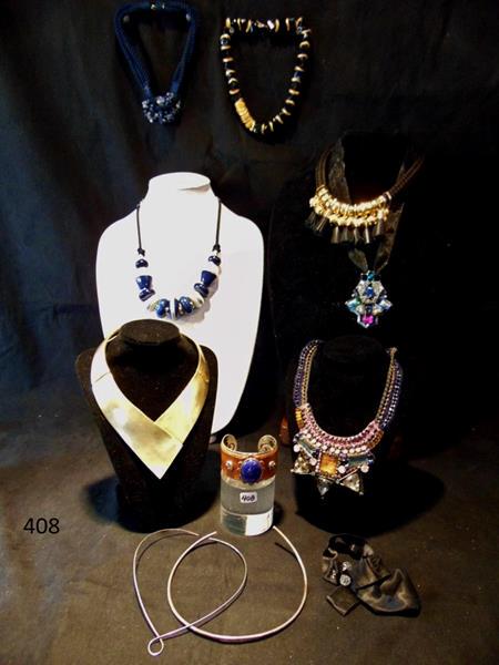 Lapis and Silver Pierced Cuff and Necklaces: Quality Group of Costume Jewelry to include 9 Necklaces and one Quality Lapis and Leather Silver Pierced Cuff Bracelet. Necklaces includes chains with Rhinestones, wire chokers, leather tassels with b