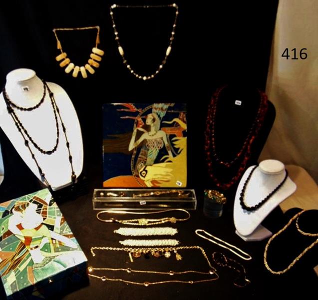 Huge Lot of Costume Jewelry: This huge lot of Quality Costume Jewelry includes: 2 Hand Painted Lidded Boxes that are extrememly well executed; Coin Bracelets; Jet Bead Necklaces; Coin Belt; Indian Bone Necklaces; Beaded Necklaces