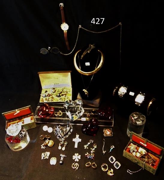 Group of Hearts and more: Group of Crystal Hearts to include a Baccanat Ruby Red, Christofle Ruby Red, Swarovsky Clear cut Crystal Box with Ruby Hearts, and also Costume Jewelry and watches.