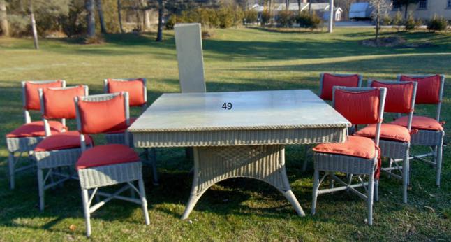 Rare Antique Wicker Dining Table and 8 matching Chairs: This is a Rare Antique Wicker Dining Table from 1910/20's with a large splayed pedestal with Diamond Point and Woven base. This large square dining table is Wicker Braided trimmed edging with 2 additi