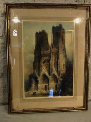 Framed 1915 Hand Colored Lithograph of Notre Dame: This Arts & Crafts framed hand colored Lithograph of Notre Dame Cathedral in Paris is dated 1915 and from the Taber Prang Art Company measuring 31.5"Tx24"W. Condition: used good with slight foxing on 