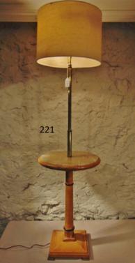 MCM '50's Fruitwood Table Lamp: This 1950's MCM fruitwood table lamp has a travertine marble table top in a herring bone pattern. This lamp retains it's original shade and is in excellent condition.