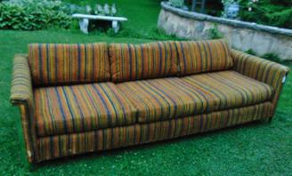 MCM '60's Selig Sofa with Chrome Frame and Legs: This '60's MCM Selig sofa has chrome frame and feet in a striped original fabric measuring 42"Tx87"W34"D. Condition: used