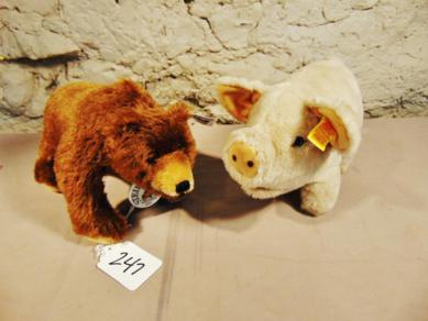 Steiff Animals: Group of Steiff animals to include a cream colored, glass eyes pig made in Western Germany Steiff tag along with a Steiff Club 2001 Edition bear with medallion and ear button. Both are in excellent co