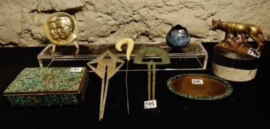 Group of Bronze and Brass: This group includes a '20's bronze Romulus and Remus cabinet piece, an inlaid turquoise cigarette box and ring dish, a 1975 bronze medal for the 25th anniversary of Edward Marshall Boehm, and 3 hair a