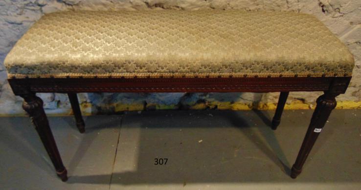 Edwardian Hand Carved French Style Slipper Bench: This Edwardian hand carved French style slipper bench with a original upholstery and fluted legs measures 20"Tx35"Wx12.5"D. Condition: used excellent. Original