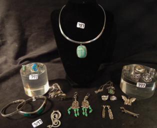 Large group of Quality Sterling Silver Estate Jewelry: This group of quality sterling silver estate jewelry include a scarab choker, 3 turquoise rings, 2 pairs pierced ear rings, a pair of 40's screw-back earrings in the shape of a leaf, a moose necklace