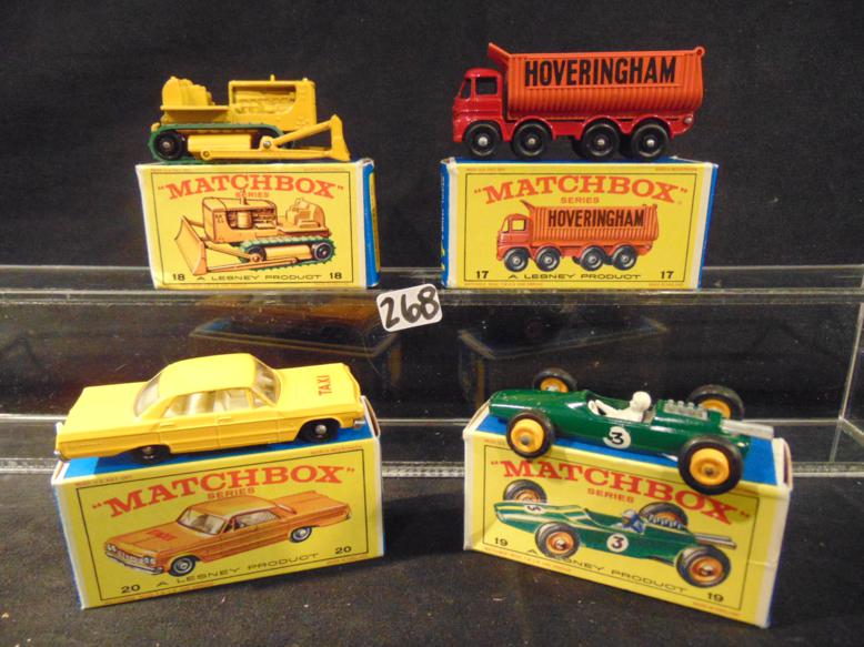 Lesney 1968 Matchbox Cars /original boxes, Mint: 1968 Matchbox cars in mint condition in their original boxes by Lensey Products to include #17 8-wheel tipper; #18 Catapillar Bulldozer; #19 Lotus Racing Car; and #20 rare taxi cab. All in Mint and un