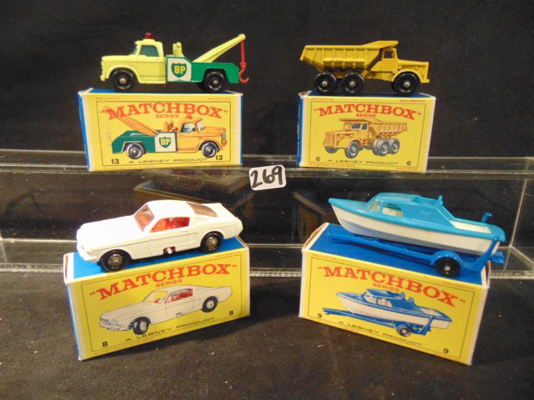 Lesney 1968 Matchbox Cars /original boxes, Mint: Matchbox group from Lensey Products from 1968 that are all in mint condition in orginal boxes to include #6 Euclid Quarry Truck, #8 Ford Mustang, #9 Cabin Cruiser, and #13 Dodge Wreck Truck. Never Pla