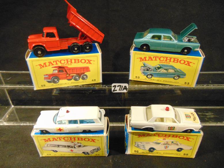 Lesney 1968 Matchbox Cars /original boxes, Mint: 1968 Matchbox Cars Mint condition in the box by Lensey, Made in England to include #48 Dodge Dumper Truck, #53 Ford Zodiac Mk IV, #54 Cadillac Ambulance, and #55 Police Car. All in mint and unplayed w