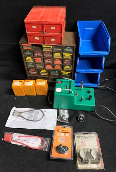 Lot of storage bins, reloading dies, RBS tool, gun: Lot of storage bins, reloading dies, RBS tool, gun locks and more
