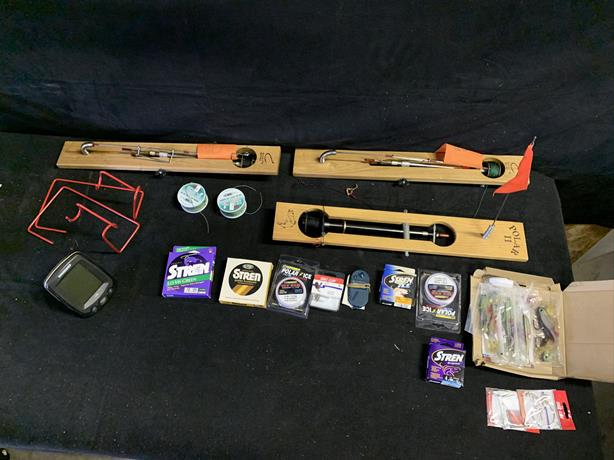 Ice fishing accessories - tip ups, stands, line, lures,: Ice fishing accessories - tip ups, stands, line, lures, and Humminbird 170 fish finder(untested, no cables or mount, head unit only)