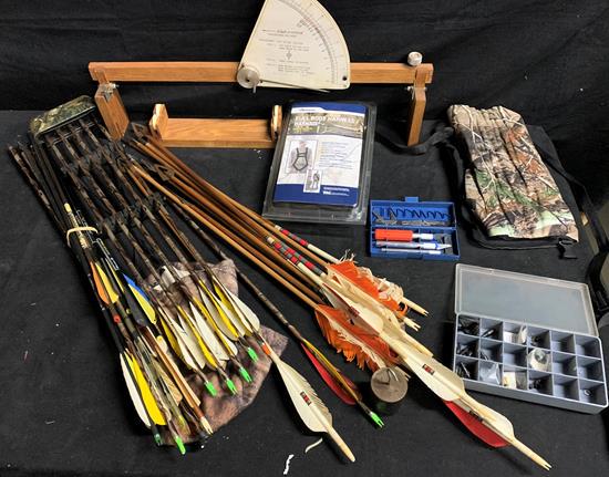 Archery lot to include - 24" spine tester, full body: Archery lot to include - 24" spine tester, full body harness (new), arrows, quiver, and more
