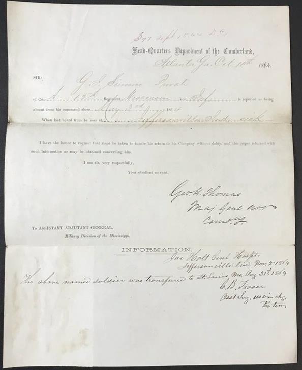 Union Civil War Document from Major General George H (1 of 8)