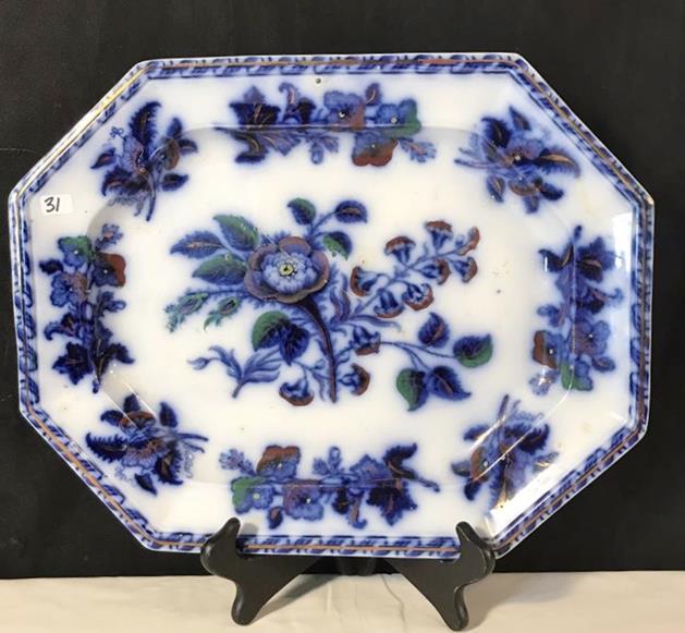 Large Flow Blue Ironstone Serving Platter, Moss Rose (1 of 6)