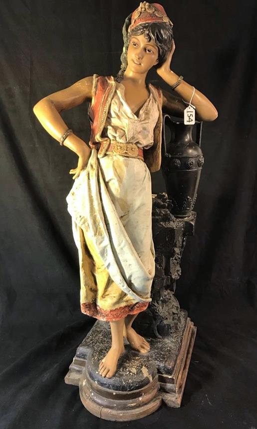 Oversized Victorian Statue of Rebecca at the Well: This oversized Victorian statue depicting Rebecca at the well is painted plaster over burlap cloth. Signed on base Hollo. She measures 39" tall x 18" across x 19" deep. In fair condition, minor paint 