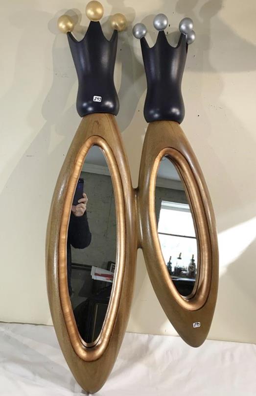 Brent Skidmore Signed Double Crown Mirror "Royal: This Brent Skidmore signed double crown Mirror titled "Royal Couple" functional art sculpture mirror is dated 9/2002, in an edition of 1/1 and signed on the reverse side. It is two separate mirrors in