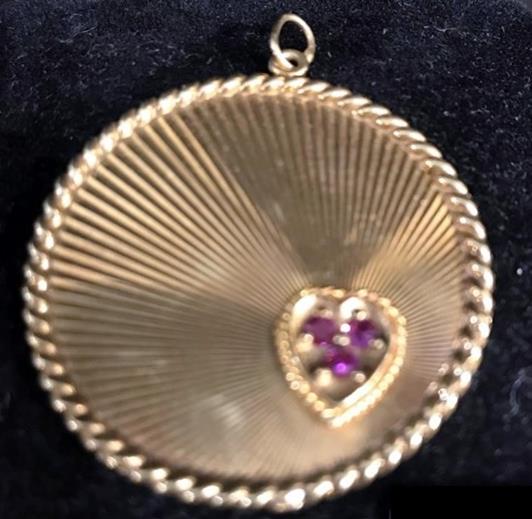 14K Gold Heart Pendant w/ 3 Stones: This 14K Gold Heart pendant is from the 1940's. in excellent condition it measures 1.5" round. It weighs 14 gm.