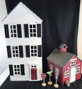 Contemporary High Quality Wood Doll House and School: This contemporary high quality wood doll house and school house includes doll furniture and wood accessories. The dollhouse measures 36" tall x 16" across x 12" deep, and the schoolhouse is 14" tall x