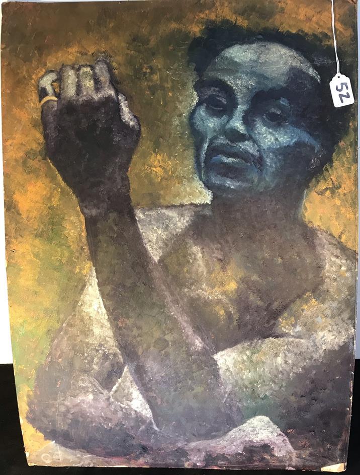 MCM Oil on Board of African American Man 1955 by "O B": This MCM Oil on Board of an unshirted African American man is dated 1955, and signed O B in the lower left corner. He is wearing a ring on his left pinkie. This MCM oil on board measures 27" tall x 20