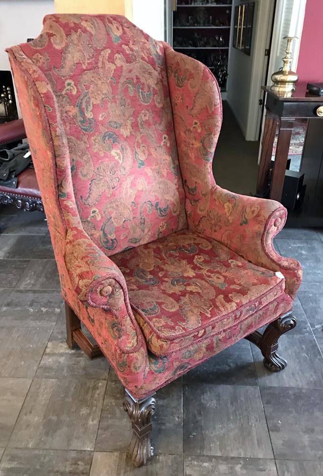 Edwardian Style Scrolled Knee Wingback Chair: This Edwardian style mahogany scrolled knee and foot chenille brocade wingback chair is in excellent condition and measures 50" tall x 33" across x 34" deep.