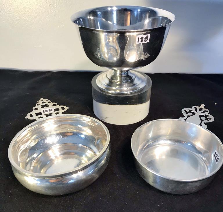 2 Sterling Silver Wine Tasters and Silverplate Waste: This group includes a sterling silver John Coney wine taster, a sterling marked wine taster, and a footed silverplate waste bowl. The sterling bowls together weigh 200 grams.
