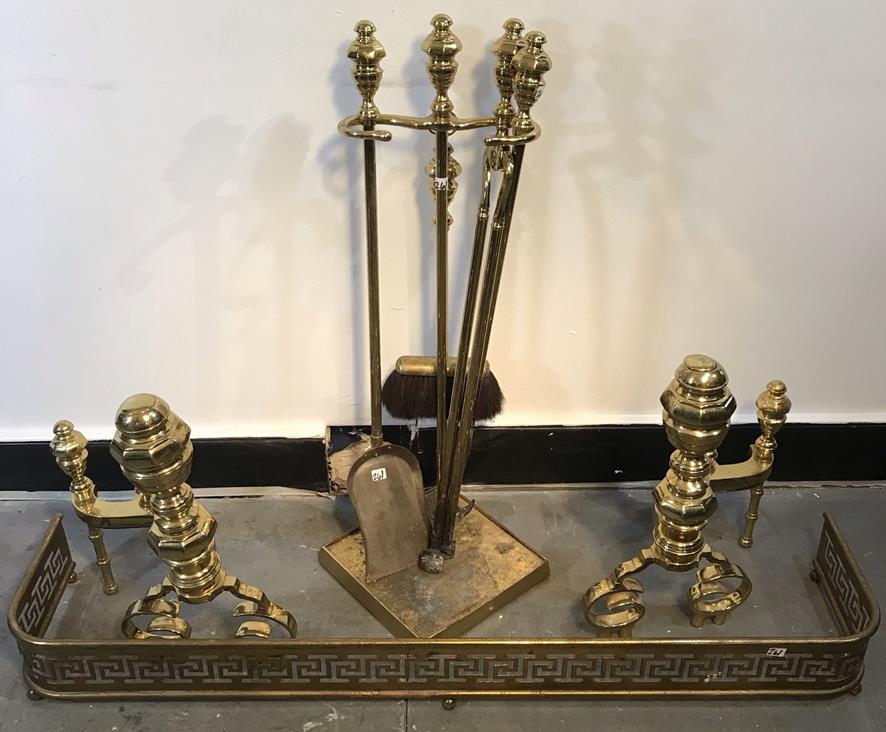 Matching Heavy Brass Andirons/Tools and Brass Bumper (1 of 5)