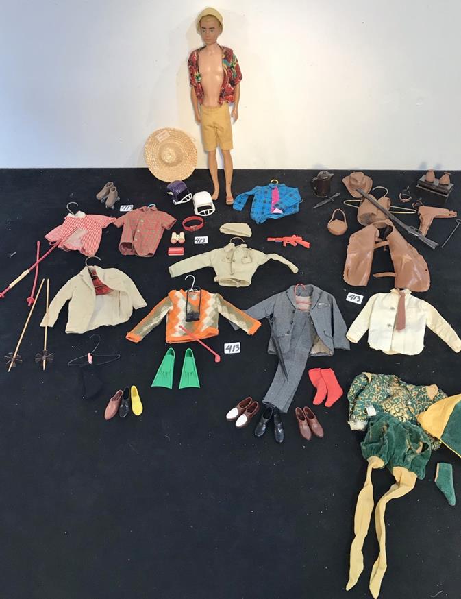 Mattel 1960 Ken Doll and Multiple Original Outfits: This 1960 Ken Doll by Mattel is marked on his butt Ken MO. Outfits include: his grey flannel suit, white shirt and tie, and black shoes; a red striped beach jacket; an entire cowboy outfit that includ