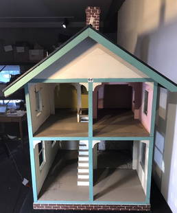 1930's Folk Art Electrified Handmade Doll House: This Folk Art electrified handmade 8-room wood doll house is electrified and measures 35" tall x 28" across x 30" deep.