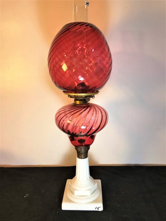 Victorian Cranberry Swirl Oil Lamp with Pressed Milk (1 of 5)