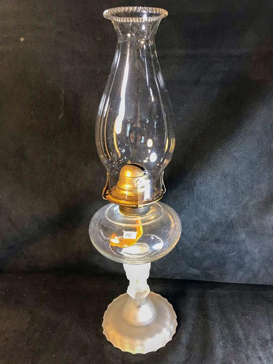 Early 3 Faced Whale Oil Lamp Pre Civil War Era: This early whale oil lamp has a satin glass pedestal with 3 faces. In excellent condition, this pre Civil War era Oil Lamp measures 17.5" tall X 5.5" across.