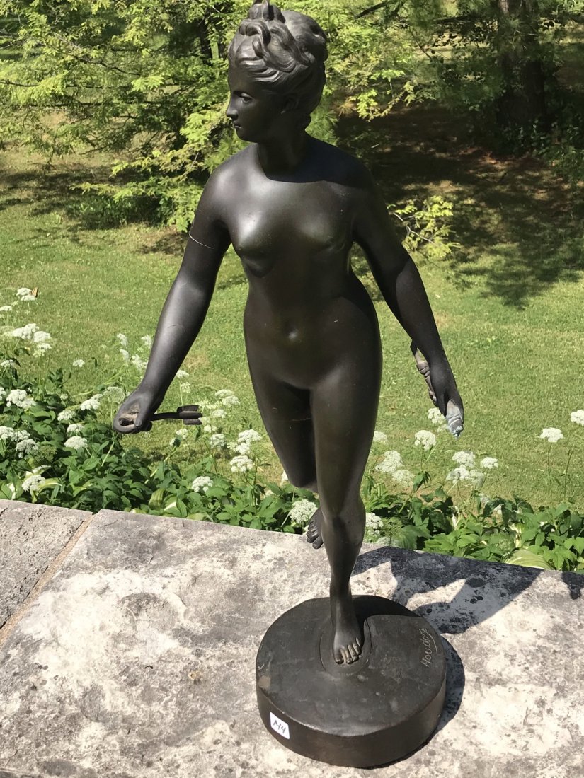 Jean-Antoine Houdon French Bronze Statue of Diana: This Jean-Antoine Houdon (1741-1828) Original bronze sculpture of Diana is a constructed piece and shows a midstride nude Diana holding a bow in one hand and an arrow in the other. It is signed on the