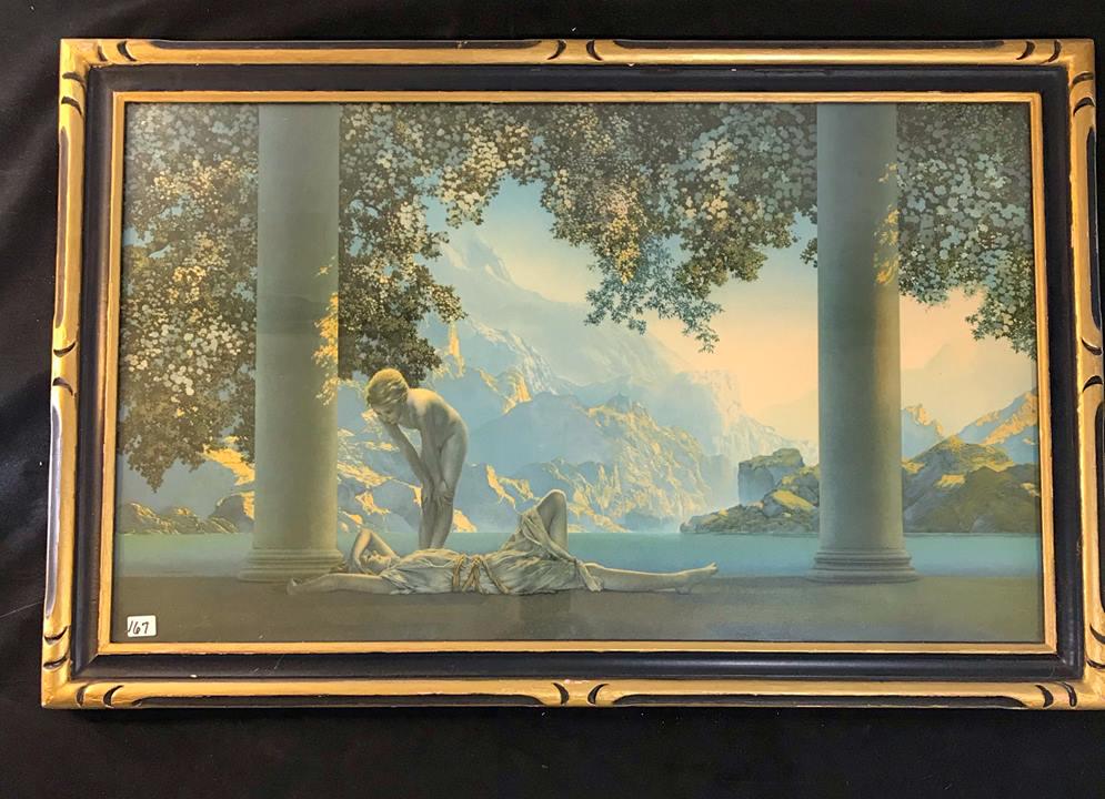 Arts and Crafts Era Maxfield Parrish Framed Print: This Art and Crafts era framed Maxfield Parrish depicting print a nude girl bending over a smiling girl in a toga lying on the floor of a collonade overlooking a beautiful sea. This measures 22" tall