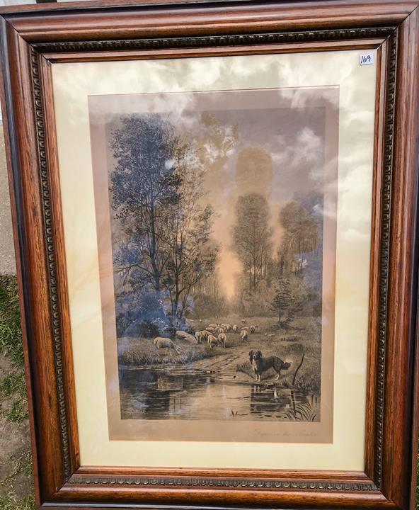 C A Walker Framed Large Engraving of a Dog and Sheep (1 of 13)