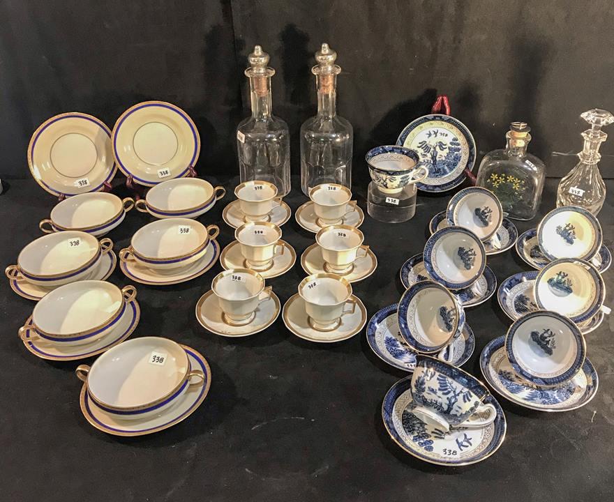 Group of quality Fine China to include Haviland Limoges: This group of fine China and porcelain includes 6 gold trimmed double handled Haviland Limoges soups, 8 blue and white Occupied China (1948-52) cups and saucers, 6 Old Paris Limoges demitass cups and