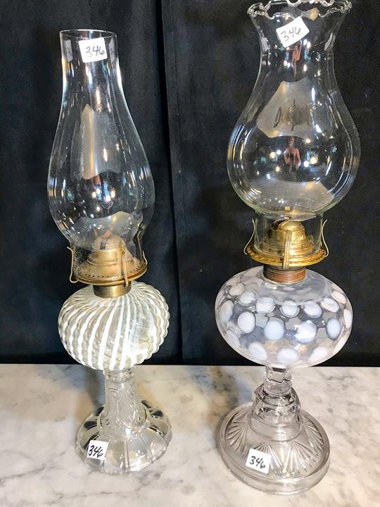 2 Early Flint Glass Opalescent Fount Oil Lamps (1 of 5)