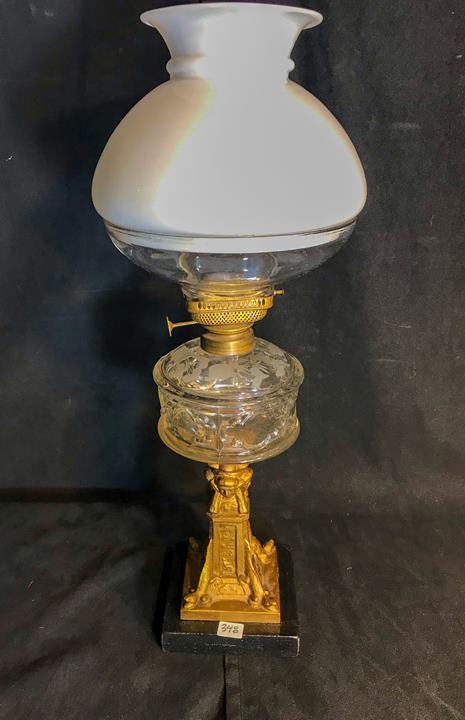 1860's Egyptian Revival based oil Lamp w/Unusual Flat: This Gothic style Egyptian Revival based oil lamp circa 1860's has an Egyptian head facing every direction over a cartouche and flanked by alligators. The fount is pressed glass that has grapes and le
